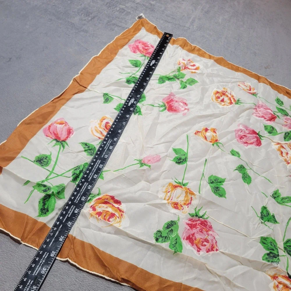 Sapphire Crepe Scarf Womens OS White Pink Floral Rose Hand Rolled Made‎ in Japan